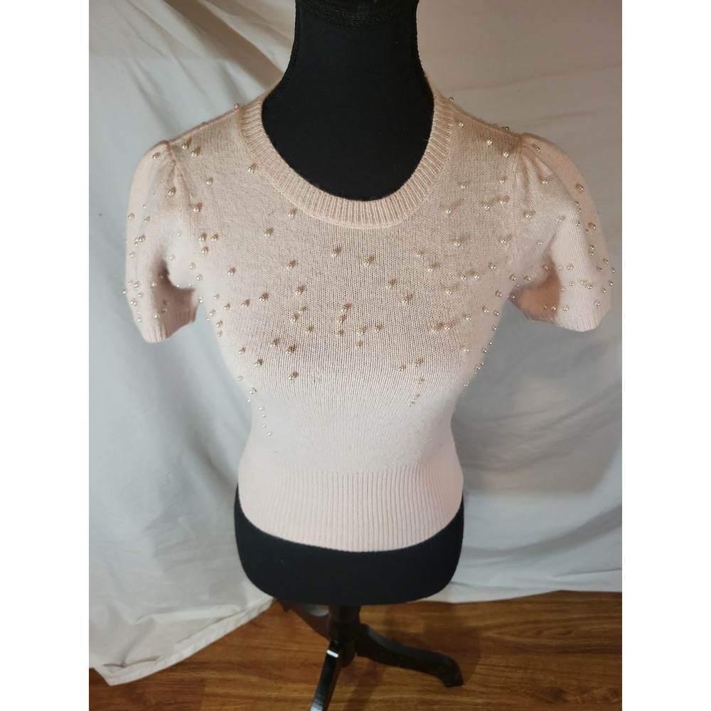 Saks Fifth Avenue Lt Pink S/S Angora Blend Sweater Sze P Faux Pearl Beading Flaw